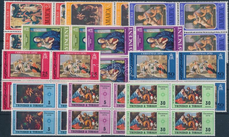 Festmény motívum 16 klf bélyeg négyestömbökben, közte teljes sorokkal 2 stecklapon, Painting motif 16 diff. stamps in blocks of 4, with complete sets on 2 stock-cards