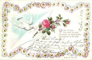 Greeting card, pigeon with letter and rose, floral litho (fa)