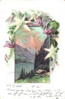 Floral greeting card, landscape with hut, litho (EK)