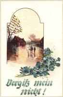 Floral greeting card, landscape with hut, decorated