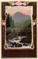 Art Nouveau greeting card with river, goden decoration (fl)