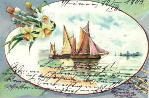 Floral greeting card with ships, litho