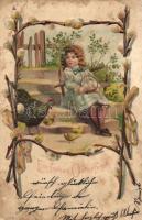 Easter, girl with rooster and chickens, Emb. litho (fa)