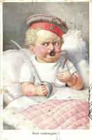 Mich aushungern? / WWI K.u.K. military humour, baby with sword and milk, Offizielle Karte für Rotes Kreuz, Kriegsfürsorgeamt Kriegshilfsbüro Nr. 180. s: H. Schubert (fa)