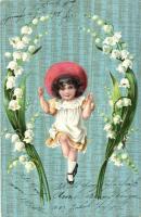 Little girl greeting card, flowers, Lily of the Valley Emb. litho (EK)