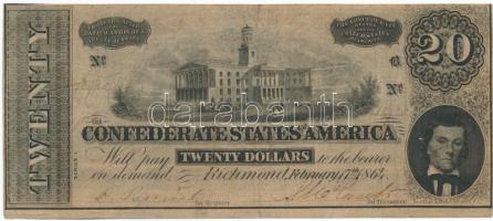 Amerikai Konföderációs Államok / Richmond 1864. február 17. 20$ T:III,III- lyuk Confederate States Of America / Richmond 1864. Fenruary 17th 20 Dollars C:F,VG hole