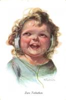 Zum Totlachen / Little child with headphones s: W. Fielkrusk