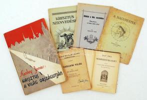 6 db vallási tematikájú könyv és kisebb kiadvány: Stanley, Jones: Krisztus a világ országútján. The Christ of Every ROad. (Tanulmány a pünkösdről). Győr, 1933, vitéz Szabó és Uzsaly.; Egy óra az Oltáriszentség előtt. Bp., 1907, Stephanaeum.; Reök István: A szellemi világ. Bp., 1948.; Benkóczi Dániel: A Nagypéntek. Bp., 1934, Battonyai Evangélikus Nőegylet.; Miskolczy Jenő: Bibliát a Ház asztalára. Bp., 1940.; White, E. G.: Krisztus szenvedései. Bp., é. n., Vallásos Iratok Nemzetközi Kiadóhivatala.