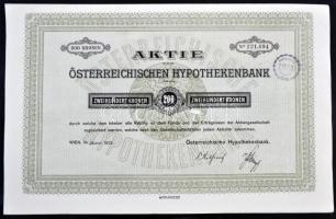Ausztria / Bécs 1922. "Osztrák Jelzálogbank" részvénye 200K-ról német nyelven szelvényekke...