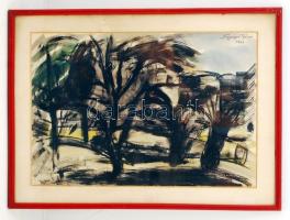 Nyergesi János (1923-1996): Park részlet. Akvarell, papír, jelzett, üvegezett keretben, 28×41 cm