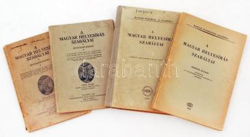 A magyar helyesírás szabályai 4 különböző kiadása: Bp., 1927 (3. kiad.), 1937 (5. kiad.), 1954 (10. kiad.), 1969 (10. kiad. 9. lenyomat), az 1954-es kiadás borítóján Gregor József nevével. Papír- illetve vászonkötésben, jó állapotban.