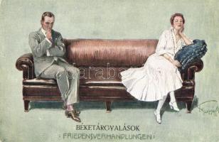 &#039;Friedensverhandlungen / Béketárgyalások&#039; artist signed romantic postcard