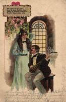 Romantic couple, Mandolin, floral litho (EK)