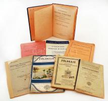 8 db különféle tankönyv 1912-1939 közöttről: matematika, földrajz, nyelvtan történelem tantárgyakból. Kopottas papír-, illetve vászonkötésben, nagyrészt jó állapotban.
