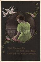 Ladies in frames, pigeons, floral - 3 old postcards