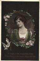Ladies in frames, pigeons, floral - 3 old postcards