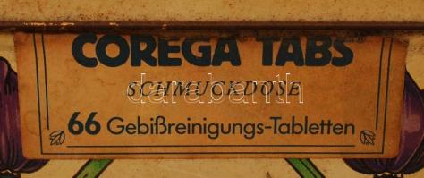 Régi szecessziós Corega Tabs márkájú fogtisztító tablettás doboz, kopott, 11,5×7×17 cm