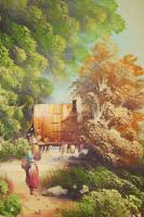 Olvashatatlan jelzéssel: Vízesés a nagy hegyek árnyékában, olaj, vászon, díszes fa keretben, 98,5×48...