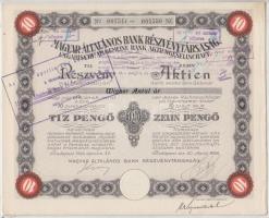 Budapest 1926. Magyar Általános Bank Részvénytársaság részvénye 10P-ről, szelvényekkel, bélyegzésekkel és szárazpecséttel T:II