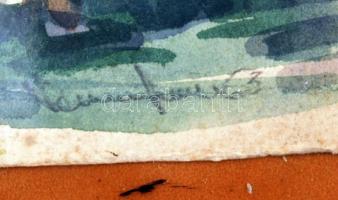 Olvashatatlan jelzéssel: Házak tavasszal, akvarell, papír, üvegezett fa keretben, 29×22 cm