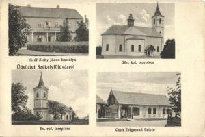 Székelyföldvár, Gróf Zichy János kastélya, Görögkeleti templom, Református templom, Cseh Zsigmond üzlete, Cseh Zsigmond kiadása / castle, Orthodox church, calvinist church, shop (r)