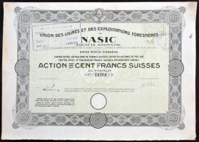 Svájc/Genf 1921. "Union des Usines et des Exploitations Forestieres de Nasic" részvénye 100Fr-ról, szelvényekkel, bélyegzésekkel és szárazpecséttel T:III Switzerland/Geneva 1921. "Union des Usines et des Exploitations Forestieres de Nasic" share about a 100 Francs, with coupons, overprints and embossed stamp C:F