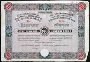 Budapest 1929. Részvénytársaság Villamos és Közlekedési Vállalatok Számára 10 részvénye egyenként 100P-ről, szelvényekkel, bélyegzéssel és szárazpecséttel T:III,III-