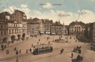 Cieszyn, Teschen; Demelplatz, Apotheke / square, tram, pharmacy (EK)