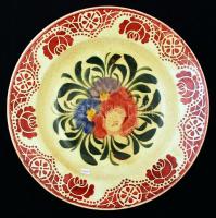 5 db Hollóházi népi mintás kerámia tányér, jelzettek, apró lepattanásokkal, d: 24 cm