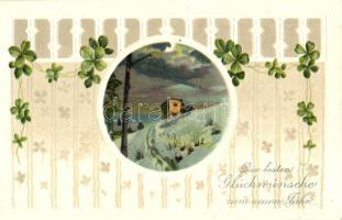 New Year, clover, winter landscape Emb. litho