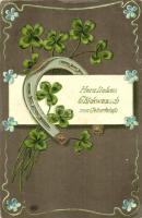 Birthday greeting card, horseshoe and clover Emb. litho (EK)