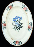 Apátfalva népi mintás kerámia tál, jelzett, lepattanásokkal, 30x21 cm