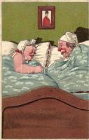 Snoring wife with husband, humour, Emb. litho (EB)