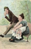 Man and woman, baby, changing diapers, humour s: Huber (EK)