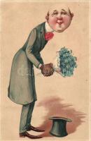 Humorous caricature, Gentleman with flowers, HWB Ser. 9732. Emb. litho (EM)