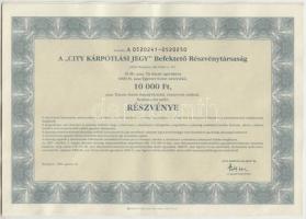 Budapest 1996. A City Kárpótlási Jegy Befektető Részvénytársaság 10db egyenként 1000Ft értékű részvénye, szelvényekkel T:I-