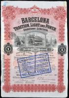 Spanyolország/Barcelona 1913. "Barcelona Traction, Light and Power Company Limited." részvénye 100$-ról, szelvényekkel, bélyegzéssekkel, szárazpecséttel T:III,III- ragasztott,kettészakadt Spain/Barcelona 1913. "Barcelona Traction, Light nad Power Company Limited." share about 100 Dollars with coupons, overprints and embossed stamp C:F,VG sticked,torn in two