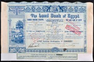 Egyiptom/Alexandria 1905. "The Land Bank of Egypt" részvénye 5Ł-ról, szelvényekkel, bélyegzéssel és szárazpecséttel, lyukasztással érvénytelenítve T:III Egypt/Alexandria 1905. "The Land Bank of Egypt" share about 5 Pounds, with coupons, overprint and embossed stamp, cancelled with holes C:F