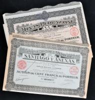 Franciaország/Párizs 1924. "Minas Pedrazzini Arany- és Ezüst Bánya" részvénye 100Fr-ról, szelvényekkel és bélyegzéssel + 1927. "Santiago és Társai Bányász Vállalat" részvénye 100Fr-ról, szelvényekkel és bélyegzéssel T:II France/Paris 1924. "Minas Pedrazzini Gold and Silver Mining C." share about 100 Francs with coupons and stamp + 1927. "Compagnie Mini&#232;re de Santiago y Anexas" share about 100 Francs with coupons and stamp C:XF