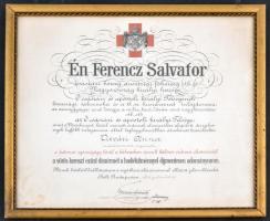 1916. A Vörös Kereszt Ezüst Díszérme hadidíszítménnyel kitüntetés adományozó oklevele Ferenc Salvator főherceg facsimile aláírásával keretben (38x41,5cm) Hungary 1916. Awarding warrant of the Red-Cross Silver Medal with military ornament decoration with facsimile sign of Duke Franz Salvator in frame (38x41,5cm)