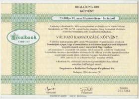 Budapest 1994. Reállízing 2000 Változó Kamatozású Kötvény 25.000Ft-ról T:I- hajtatlan