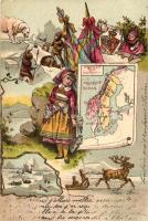 Sweden and Norway map, folklore, hunting, flag, coat of arms, propaganda, litho (EB)