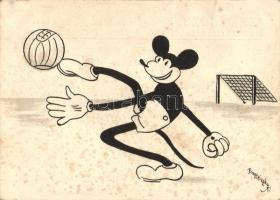 Mickey Mouse, playing football, advertisement on the back side, 'Izsák József R.T. vegyészetigyár'  s: Bisztriczky