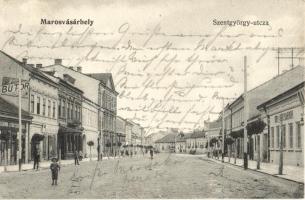 Marosvásárhely, Szentgyörgy utca, Bor és sörcsarnok, gyógyszertár, bútorraktár / street, wine and beer hall, pharmacy, furniture shop (EK)