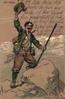 Am Ziel / Mountain climber, hiker, Emb. litho (EK)