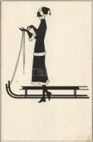 Lady with sledge, silhouette art postcard