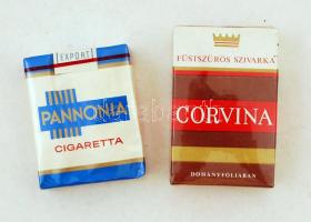 Magyar cigaretta, bontatlan, 2 doboz: Corvina, füstszűrős szivarka, Pannonia, készült a - - szálloda és vendéglátó vállalat részére