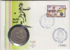 Niue 1987. 5$ "Steffi Graf" sorszámozott érmés borítékon elsőnapi bélyegzés, hátoldali ismertetővel, Olimpiai sorozat T:1 Niue 1987. 5 Dollar "Steffi Graf" coin letter with First day of issue stamp and information, Olympic Series C:Unc