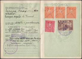 1932 Artista útlevél, érdekes bélyegzőkkel, illetékbélyeggel, bejegyzésekkel