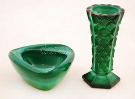 Malchit üveg vázácska és tálka (2 db), vázán apró csorba, m:10,5 cm, 9×9 cm